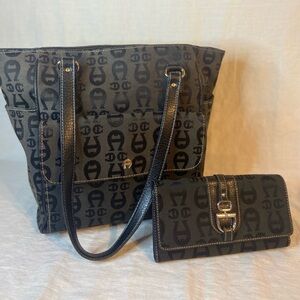 Etienne Aigner Large Black Trapezoid Purse Bag and matching trifold wallet